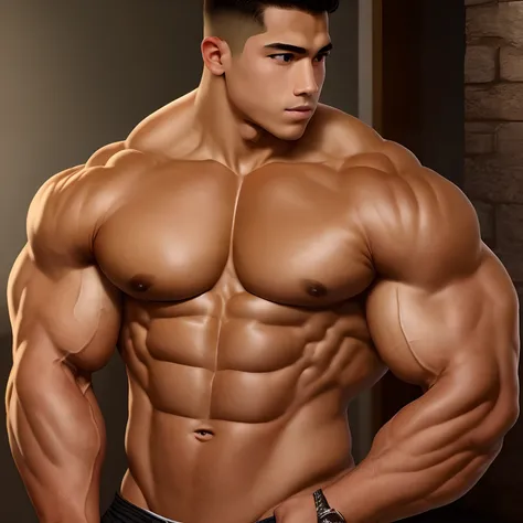 15 year old (Mexican ethnicity) tan skin massive muscular bodybuilder with extraordinary biceps pectorals triceps traps, plump, Gigachad