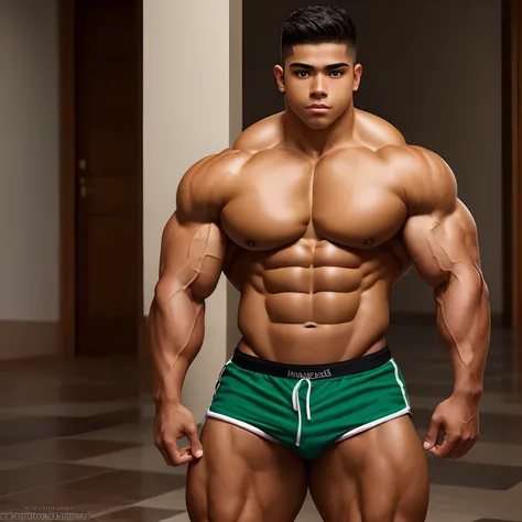 15 year old (Mexican ethnicity) tan skin massive muscular bodybuilder with extraordinary biceps pectorals triceps traps, plump, Gigachad