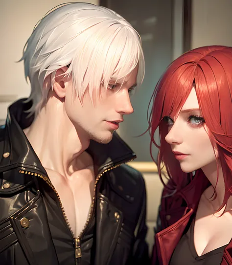 pair , man with medium white hair and woman with red hair , boyfriends