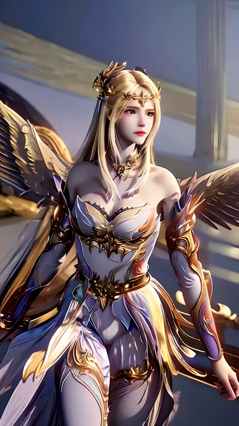 ((masterpiece, best quality;1.3)), ultra detailed, colorful, extremely detailed and beautiful background,1girl, solo, highly detailed beautiful face, beautiful face, angelic, golden colored detailed angel costume,  wings angel, feathers, fantasy landscape,...