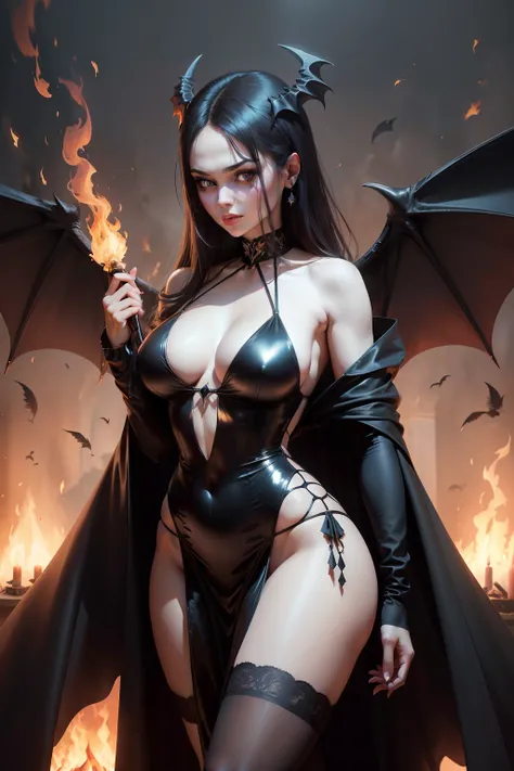 A demonic woman with a beautiful body and big evil wings and a long black silk dress with a big wand
in the middle of the fire