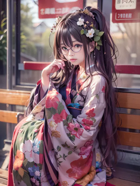 Alafi in kimono sitting on a bench at a bus stop,Snapshots, Holding a kissel in your right hand,traditional japanese, in a kimono, Red kimono, japanese kimono, red kimono with flower patterns, Wearing kimono, A Japanese style, A Japanese Lady, Wearing a ki...