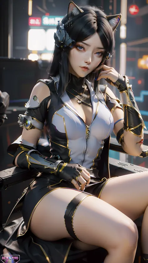 There is a woman sitting on a chair，Wearing a cats costume, cyberpunk anime girl, female cyberpunk anime girl, cyber school girl, Cyberpunk 2 0 y. o model girl, dreamy cyberpunk girl, Digital cyberpunk anime art, muted cyberpunk style, Cyberpunk costumes, ...