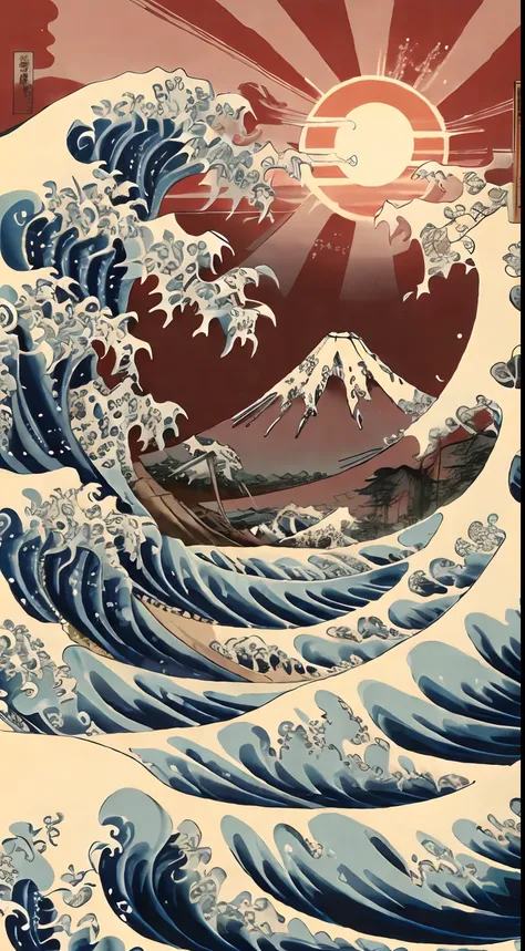 great wave red sun,colorful,mt fuji