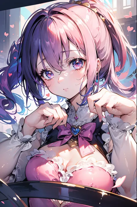 (((masutepiece))), (((Best Quality))), ((Ultra-detailed)), (Illustration), ((Concept art)), (Detailed light),((extremely delicate and beautiful)), (Beautiful detailed eyes), (((1girl in))), heart hands(((Face Focus, up close shot))), (((phone)))((inner str...