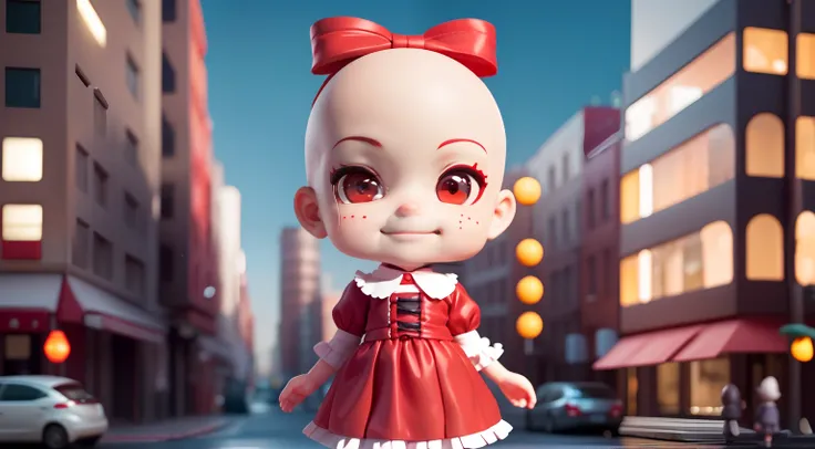 (masutepiece),(Best Quality),(Ultra-detailed), (Full body: 1.2),A old man１a person,Chibi,Cute,(city), (skin head),(Red ribbons) with  the (Lolita) ,A smile,