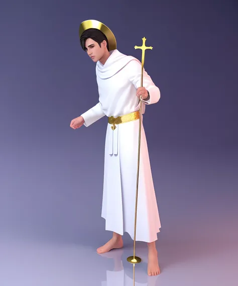 Imagem de um homem vestido com um manto branco e uma cruz dourada, Santo de ouro bonito, Santo ortodoxo, Described as a 3D rendering, render divino, NPC com halo de santo, NPC com um santohalo do, homem de santo, imagem renderizada, christian saint rosace,...