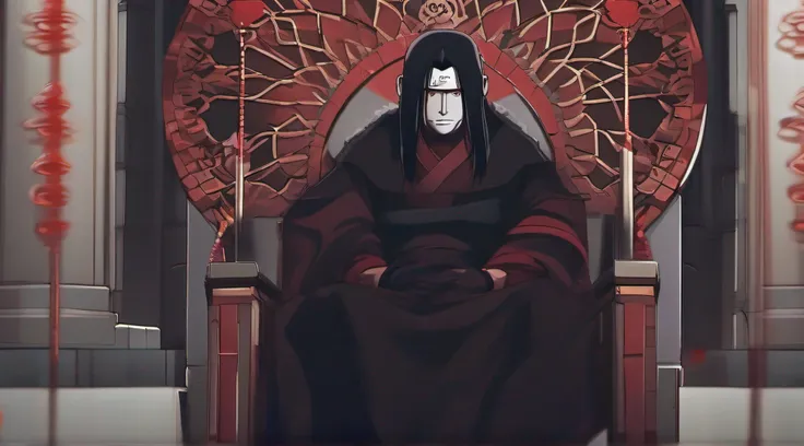 O Rei Uchiha Itachi Sozinho Sentado Em Um Trono Feito De Penas Pretas, Hiper Detalhado, Hiper Realista Melhor Qualidade