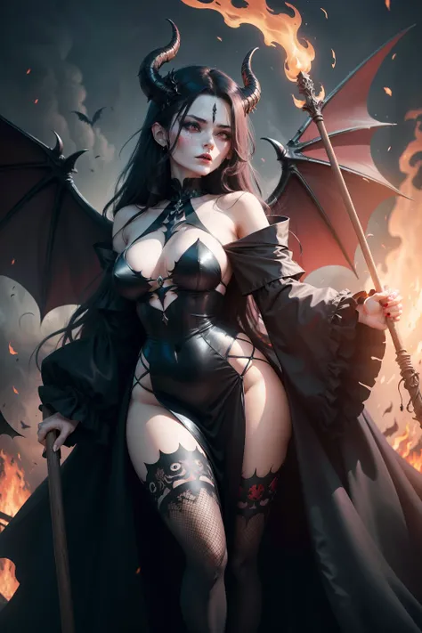 A demonic woman with three eyes and with big devilish wings that are far from the ground and a long black silk dress with a big stick.
in the middle of the fire