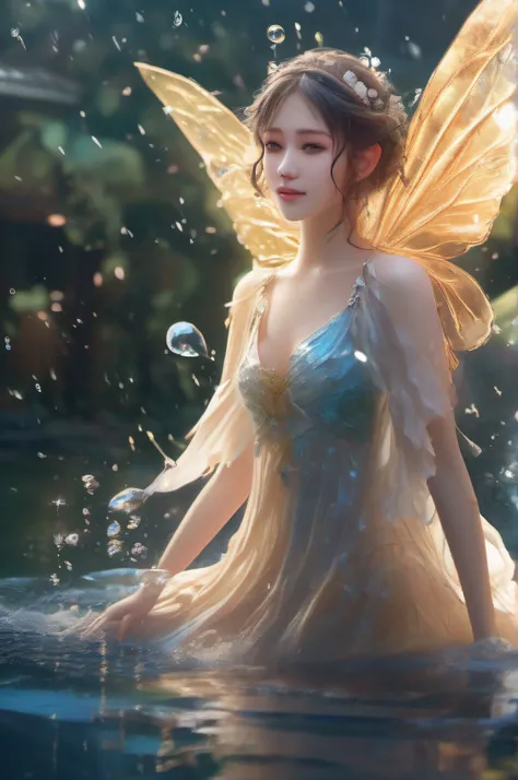 Beautiful fairy in water dress, ((wings maded of splash water)), surrounded by water particles above a serene pond, magic, trending on artstation, deviantart, anime key visual, official media, professional art, 8 k uhd