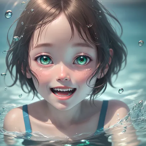 Little girl swimming underwater,happy,fantasy, Katsuyo Otomo style,in a realistic hyper - detailed rendering style, glowing,
yellow,blue,zbrush, surreal oil,head close- up,exaggerated perspective,Tyndall effect, water droplets , mother - of - pearl iridesc...