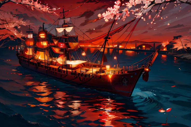 during night, An old marching ship , Sailing, Crimson Moon ,Red cherry blossom tree, River ,high tide,Rock music, calm, fascinating views, Moonshine scent,fascinating views,,Digital painting,Winding,concept-art, illustration,((Light red theme))