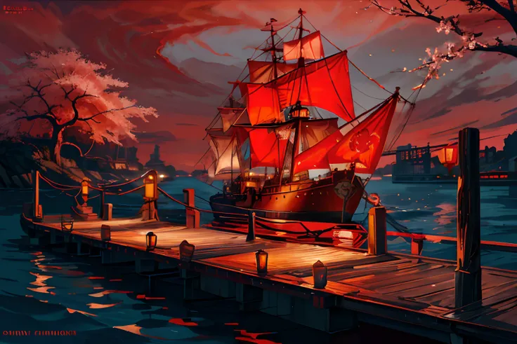 during night, An old marching ship , Sailing, Crimson Moon ,Red cherry blossom tree, River ,high tide,Rock music, calm, fascinating views, Moonshine scent,fascinating views,,Digital painting,Winding,concept-art, illustration,((Light red theme))