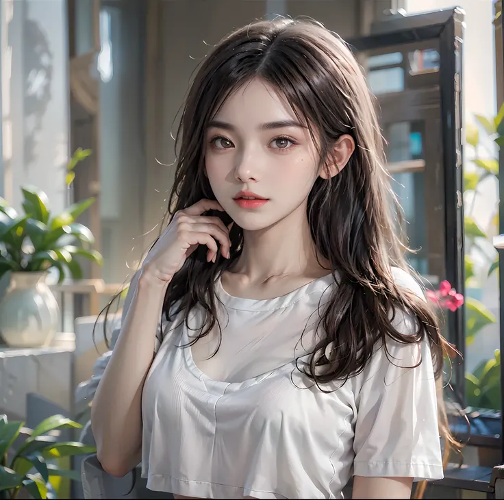 One lady、Women are not wearing makeup、beautiful expression、（Lifelike face）、Super Detailed Face、asian human、Clean face、black shoulder length hair,、Beautiful hairstyle、realisticeyes、二重まぶた、A detailed eye、A small mole under the right eye、Detailed lips、Cute smi...