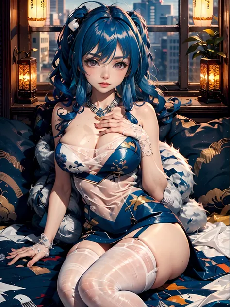 （Enrich the picture，Masterpiece level quality）Beautiful 8K CG artwork，Goddess-like posture，sittinng on the river，Postural exercises，Slim and soft，Translucent skin，Blue hair、The beauty of extra-long hair, Super Long Straight Hair，The skin is fair and juicy，...