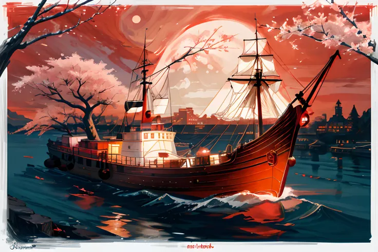 during night, An old marching ship , Sailing, Crimson Moon ,Red cherry blossom tree, River ,high tide,Rock music, calm, fascinating views, Moonshine scent,fascinating views,,Digital painting,Winding,concept-art, illustration,((Light red theme))