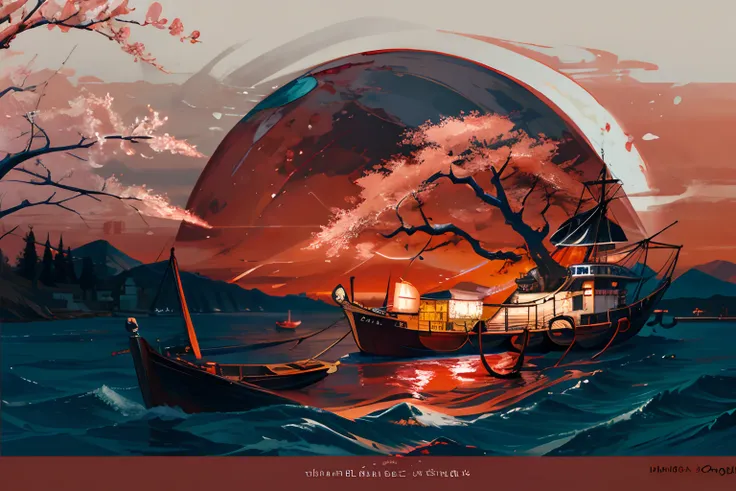 during night, An old marching ship , Sailing, Crimson Moon ,Red cherry blossom tree, River ,high tide,Rock music, calm, fascinating views, Moonshine scent,fascinating views,,Digital painting,Winding,concept-art, illustration,((Light red theme))