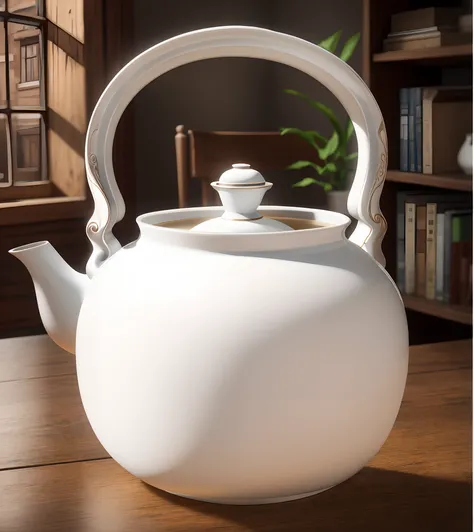 （A white teapot sits on an old wooden table：1.2),（Cinematic level detail：1.5），In a realistic environment,4K