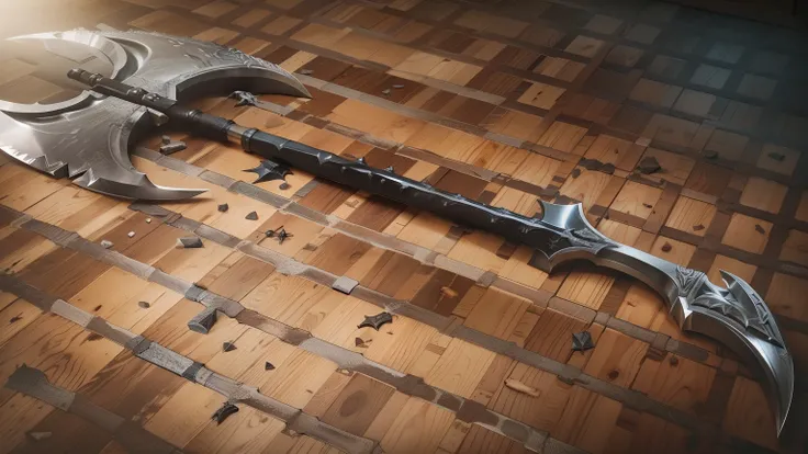 A Medieval battle axe with black metal handle. Details design on axe, ((silver sharp axe) metal handle. Realistic, uhd realistic, 4k graphics. Laid on wooden floor, very sharp axe.