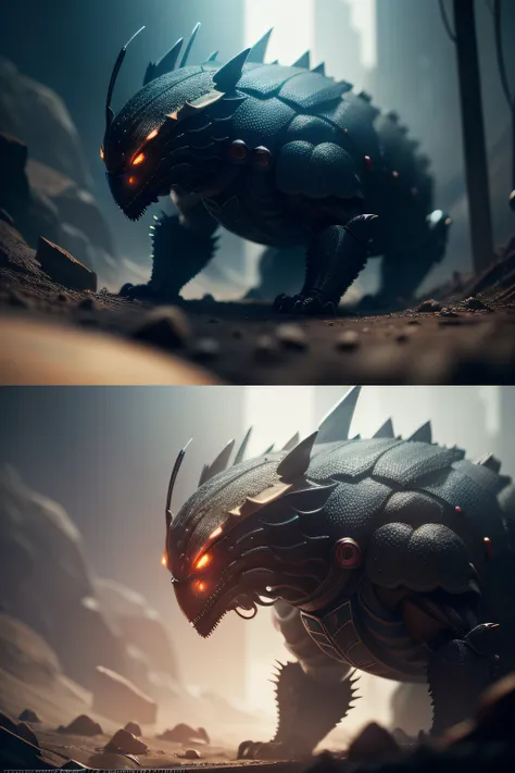 In the depths of an otherworldly realm, a bizarre creature emerges, a fusion of insect, machine, soft-bodied animal, composite materials, artificial nerves, artificial muscles, and titanium alloy. cinematic shot + dynamic composition, incredibly detailed, ...