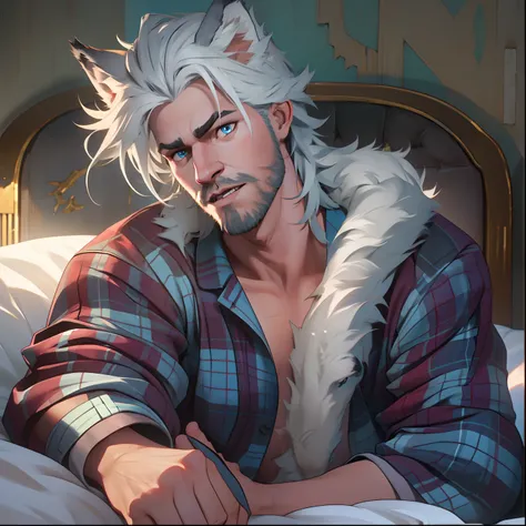 athletic Male with light beard, has flowing white hair, has wolf ears, has wolf tail, shirtless, playful, solo, alone, has goofy look on his face, has bright blue eyes, wearingg plaid pajama pants, relaxing on a bed,