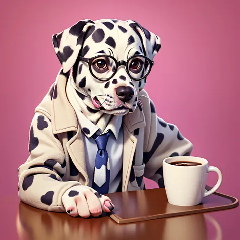 Dalmatian dog, wearing glasses, drinking coffee, with jacket and tie, vibrant colors, strong 8k, realistic, thin lines, vector