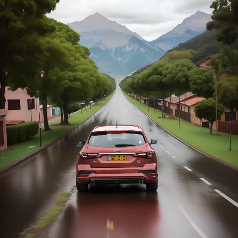 A car, alta qualidade, (esportivo), riqueza de detalhes, (carro vermelho), (ambiente cidade), (chuva),(zoom)