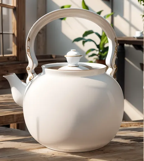 （A white teapot was placed on an old wooden table：1.2),（Cinematic texture：1.5），In a realistic environment,8K