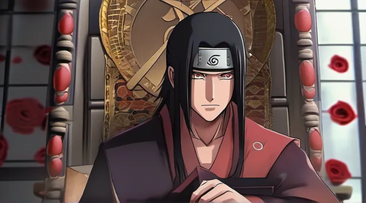 O Rei Uchiha Itachi Sozinho Sentado Em Um Trono Feito De Penas Pretas, Hiper Detalhado, Hiper Realista Melhor Qualidade