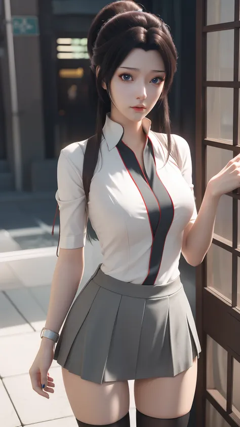 anime - style image of a woman in a short skirt and shirt, seductive anime girls, Smooth anime CG art, Surrealism female students, Surrealism female students, thighhighs and skirt, photorealistic anime girl rendering, beautiful and seductive anime woman, R...