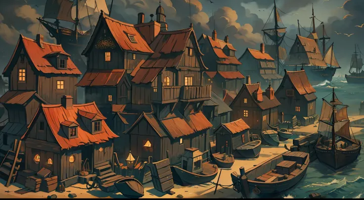 the port of vessels with several pirate ships port and lighthouse of a medieval city with several wooden houses on the coast a gloomy desert environment with dark dark reddish colors a continent suffering from a plague, Dark grey sky with dark black clouds...