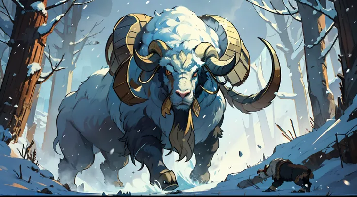 a magic ram fierce and powerful as an enemy a dungeon boss for RPG a large and strong beast ram animal creature with thick and powerful horns like a papamut like a white mammoth a fuzzy ram a powerful creature in the middle of a snow forest in a blizzard m...