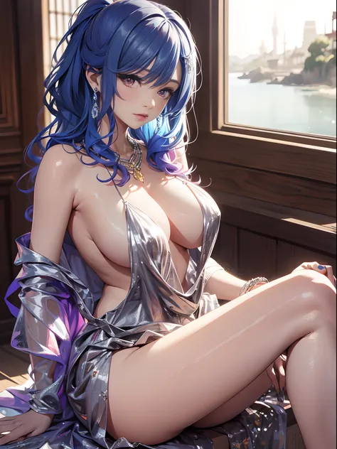 （Enrich the picture，Masterpiece level quality）Beautiful 8K CG artwork，Goddess-like posture，sittinng on the river，Postural exercises，Slim and soft，Translucent skin，Blue hair、The beauty of extra-long hair, Super Long Straight Hair，The skin is fair and juicy，...