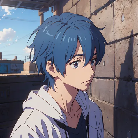 Anime male character blue-haired，Background sky blue