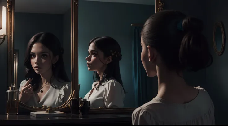 A woman looking at her spooky reflection in the mirror, elaborately framed mirror, spooky reflection