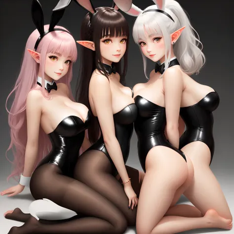 (pointy_ears: 1.2), (multiple_girls: 1.2), (2girls: 1.2), (leotard: 1.2), (breasts: 1.2), (wrist_cuffs: 1.2), (elf: 1.2), (long_hair: 1.1), (yellow_eyes: 1.1), (detached_collar), (large_breasts), (strapless), pantyhose, white_leotard, strapless_leotard, lo...