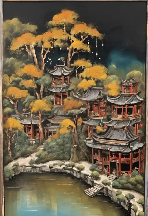 （Microlandscape：1.8，Faraway view，High viewing angle lens），Antique game scene design，A corner of the ancient town of Jiangnan，Black night sky，the night，starrysky，Lanterns，big trees，florals，Flowers in the bushes，Trees bloom，Sakura architecture，Antique carved...