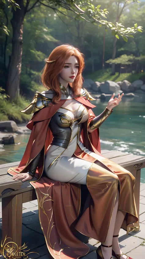 The Araved woman in a dress sits on a red bench by the water, a photorealistic painting inspired by Magali Villeneuve, cgsociety contest winner, Fantasy art, wearing gilded red robes, lady in red armor, wearing gilded red royal robes, Gorgeous Role Play, s...