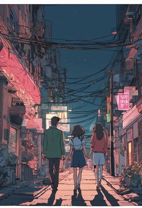 1990s anime low resolution screengrab couple walking away in street at night