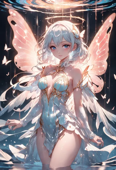 Holy Light Butterfly Angel Girl，Butterfly wings，Chest shooting(mcu)，in the style of rococo pastel hues，light white and light red，Incredibly beautiful，SakuraNS，sparkling water reflections，combine，Flowing，hyper realisitc，painting of a，aethereal，Elsa Burda，st...