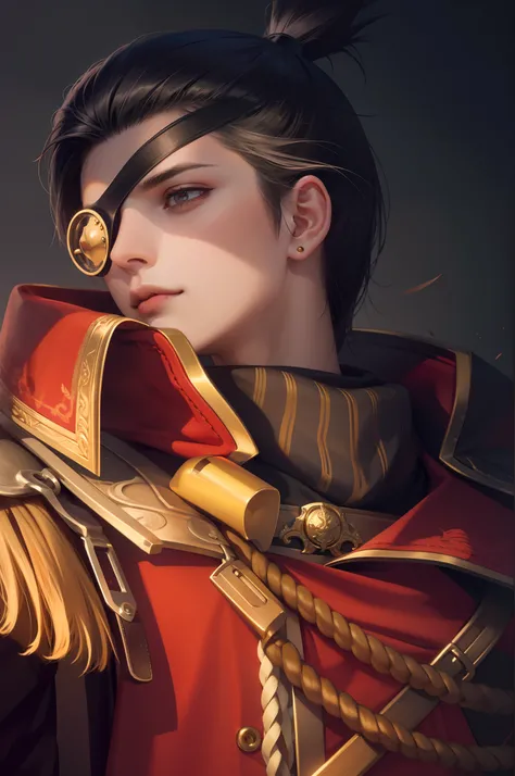 Attractive profile picture, masterpiece, ultra-precise rendering, beautiful and cool young man, trustworthy, dependable young man, simple design, most beautiful image, 4K, red eyes, pirate eye patch.