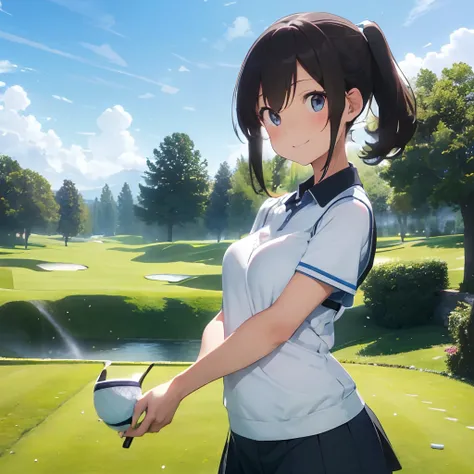 masutepiece, Best Quality, 8K_Wallpaper, (Beautiful eyes), ((Cute)), Cute, (lovely), (Golf course on a sunny day),1girl in,small tits,1 schoolgirl,Standing Girl,Smile,facial close-up、portlate(((Playing golf)))、(((putting shot，into the cup)))、((Golf Wear))、