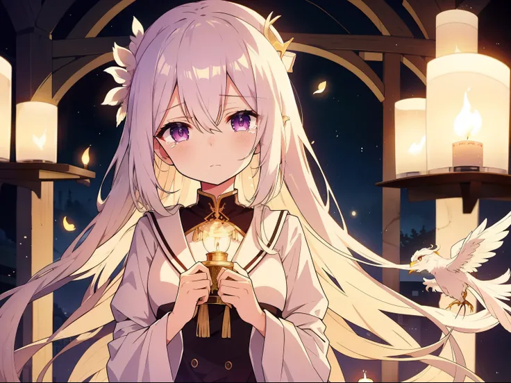 Long white hair shawl，A beautiful face，But the expression is sad，weeping，Wearing a gorgeous phoenix crown。The scene can be her dormitory，There was a candlelit atmosphere。