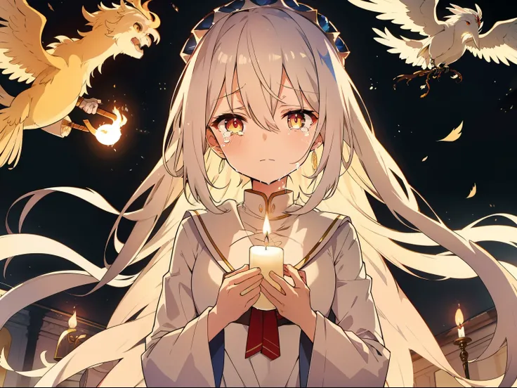 Long white hair shawl，A beautiful face，But the expression is sad，weeping，streaming tears，Wearing a gorgeous phoenix crown。The scene can be her dormitory，There is a candlelit atmosphere。