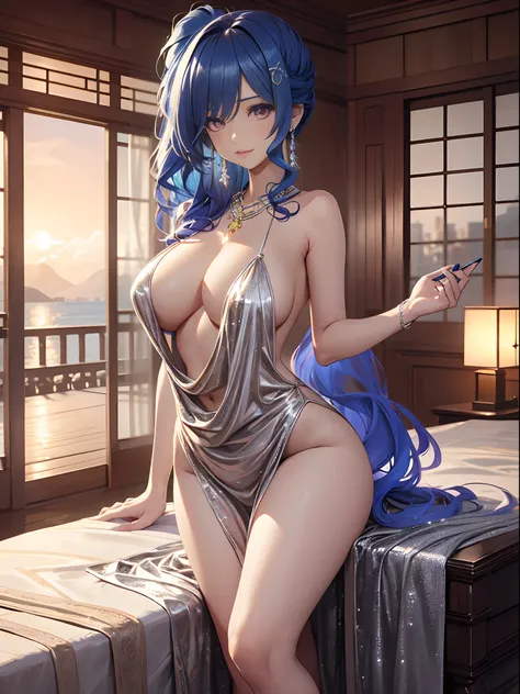 （Enrich the picture，Masterpiece level quality）Beautiful 8K CG artwork，Goddess-like posture，sittinng on the river，Postural exercises，Slim and soft，Translucent skin，Blue hair、The beauty of extra-long hair, Super Long Straight Hair，The skin is fair and juicy，...