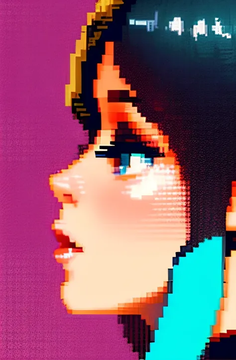 "pixelated art, Close-up of a tanned girl giving a kiss on the cheek to a dark-haired boy, pixels, art pixel 2D, fond rose, magenta background"