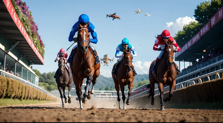 (8K、masterpiece of best quality:1.2)、Realistic and photorealistic、"High-quality images of female jockeys in horse racing, Ride a thoroughbred during horse racing. Horses fly 50 cm above the ground、The scene is set near the finish line, racecourse, Im Sasa々...