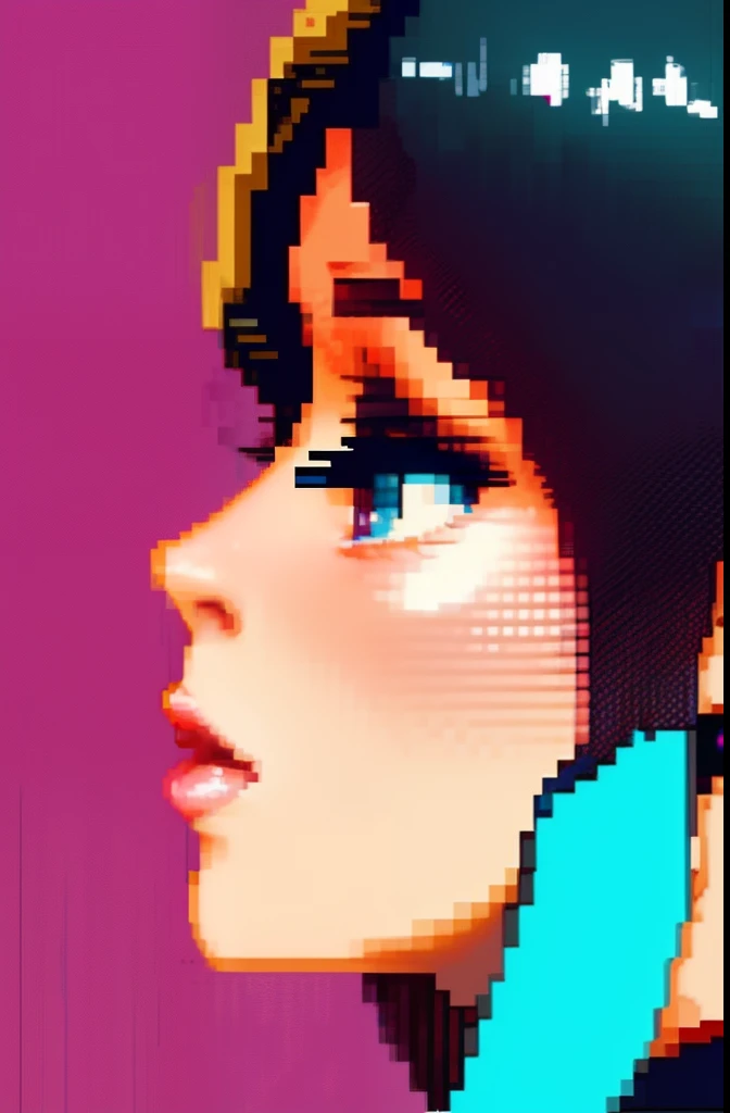 "pixelated art, Close-up of a tanned girl giving a kiss on the cheek to a dark-haired boy, pixels, art pixel 2D, fond rose, magenta background"