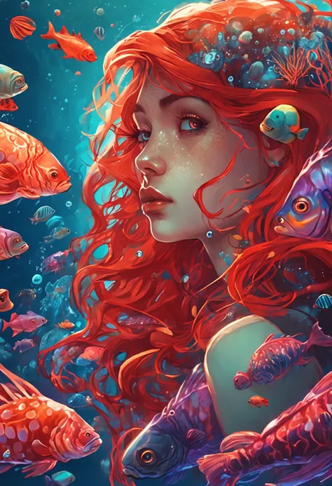 (masterpiece, top quality, best quality, official art, beautiful and aesthetic:1.2), (1girl), (perfect face:1.3), ((red long hair)), extreme detailed eyes, colorful, highest detailed, (mermaid), (detailed fish), (glowing jellyfish, shining jellyfish:1.2), ...