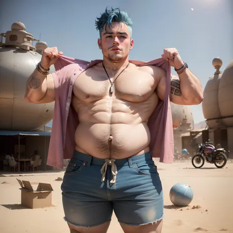 james dean photo, 1boy fat boy, Masterpiece, big belly, brow skin, blue hair, pink cropped top shirt, pink jockstrap underwear, DESERT BACKGROUND, festival burning man, asteroid city. atomic bomb, full body, open legs, full body